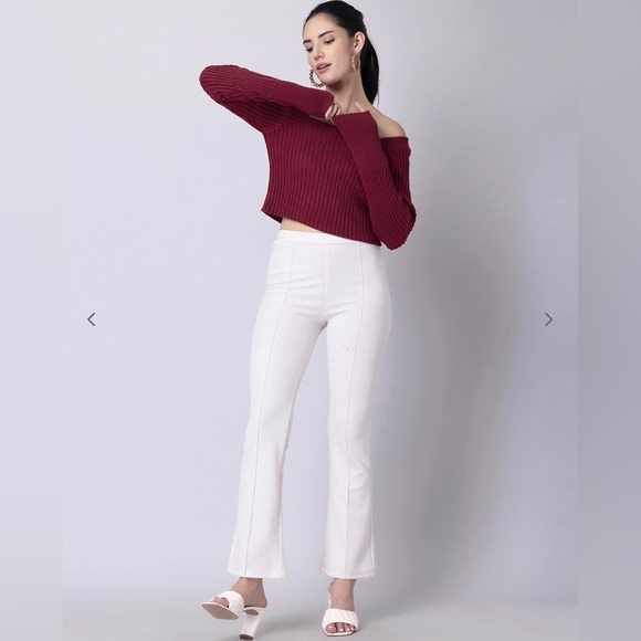 Women Maroon Ribbed Off-Shoulder - Picture 5 of 5